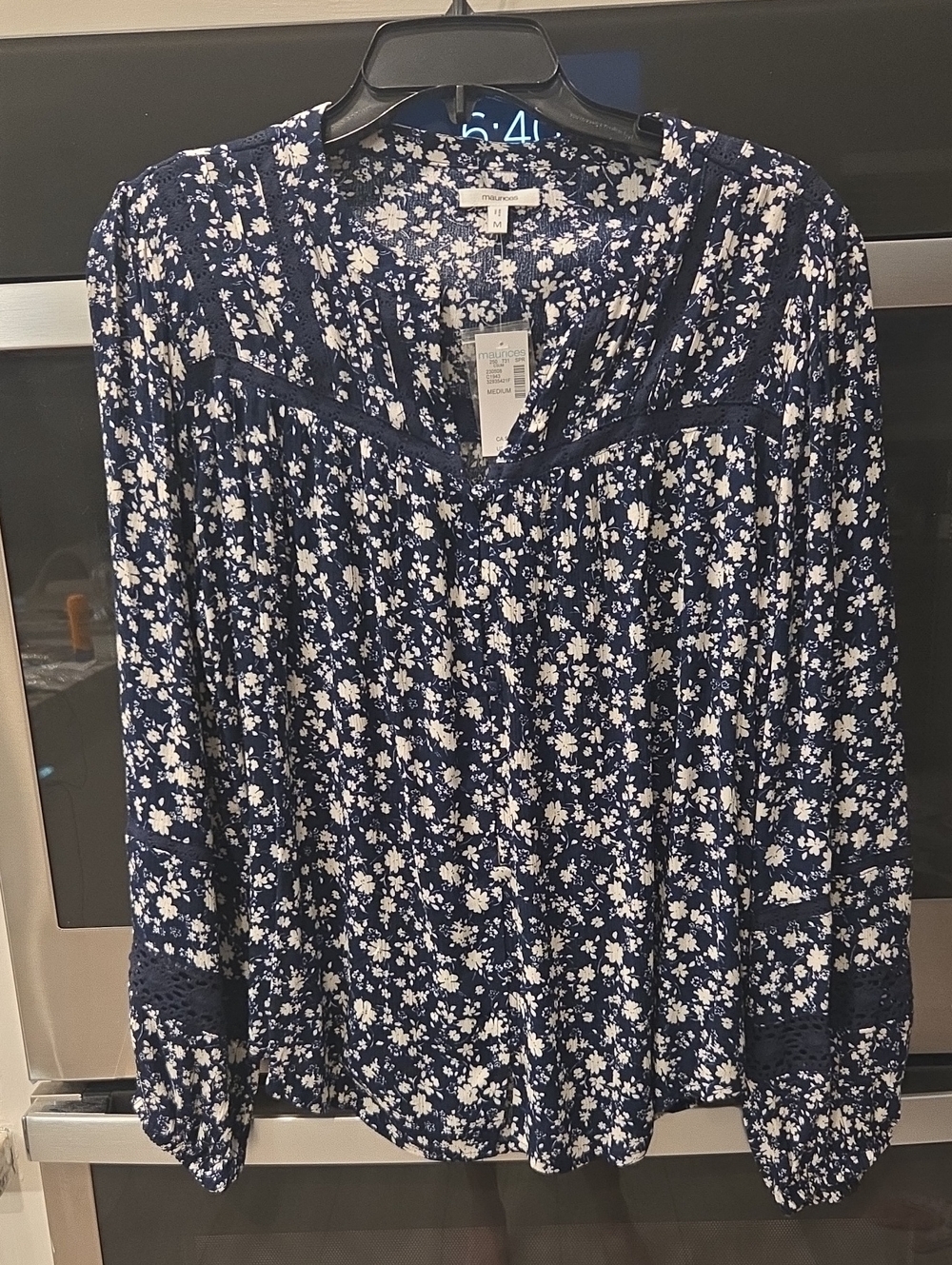 Maurices Navy Floral Long-Sleeve Peasant Blouse